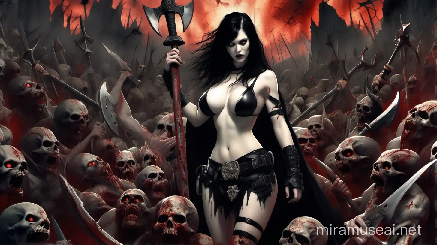 A pale skinned voluptuous Goth female warrior with black hair scantily clad naked topless with large breasts holding a battle axe on top of a mountain of bloody skulls surrounded by demons in hell.