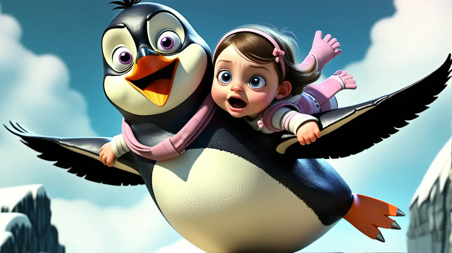 Joyful Children Soaring Alongside Friendly Penguin