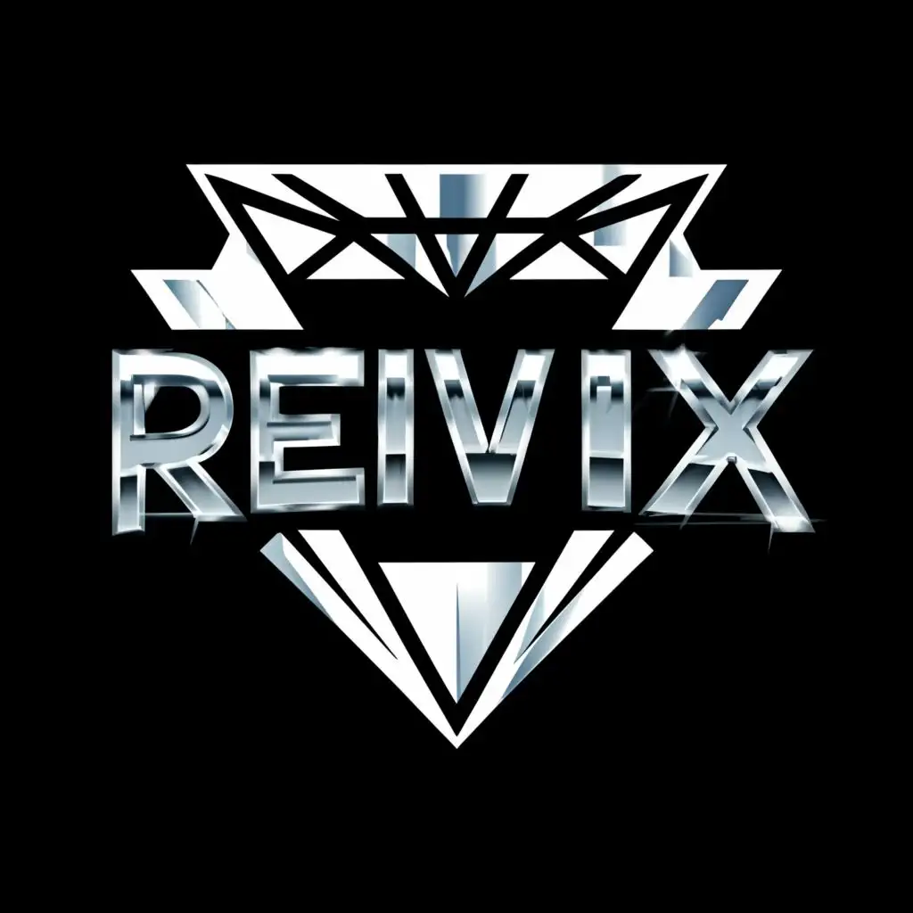 logo, Word "Reivix" with big font, white logo black background, diamond, sharp edges, industrial, futuristic, hard edm, geometrical, with the text "Reivix", typography