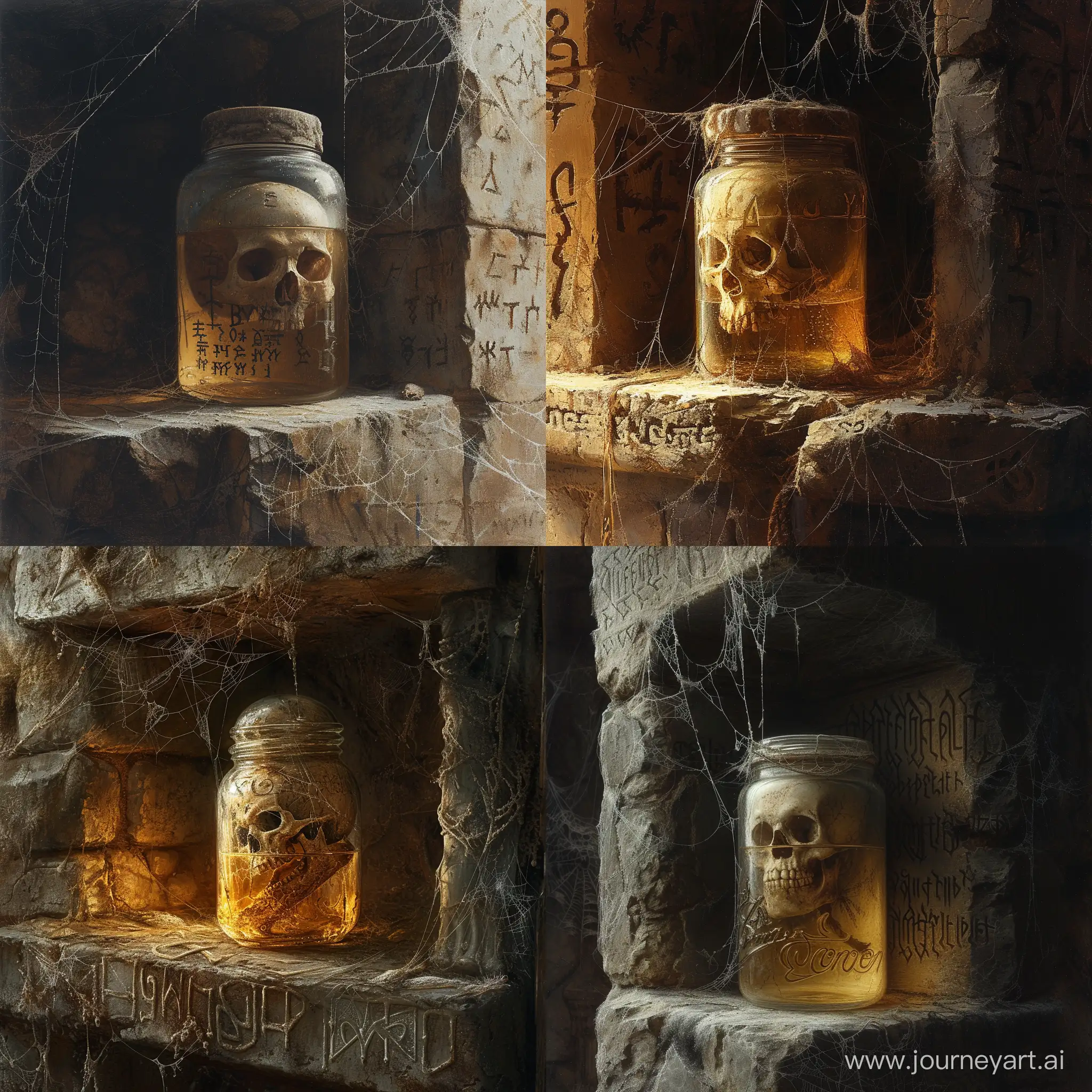 Safeguarding a jar with skull in alcohol,Beksinski grotesque haunting unsettling dark,on ancient On a stone shelf,cobwebs everywhere,runic script,incredible detail,warm light,terrifying.