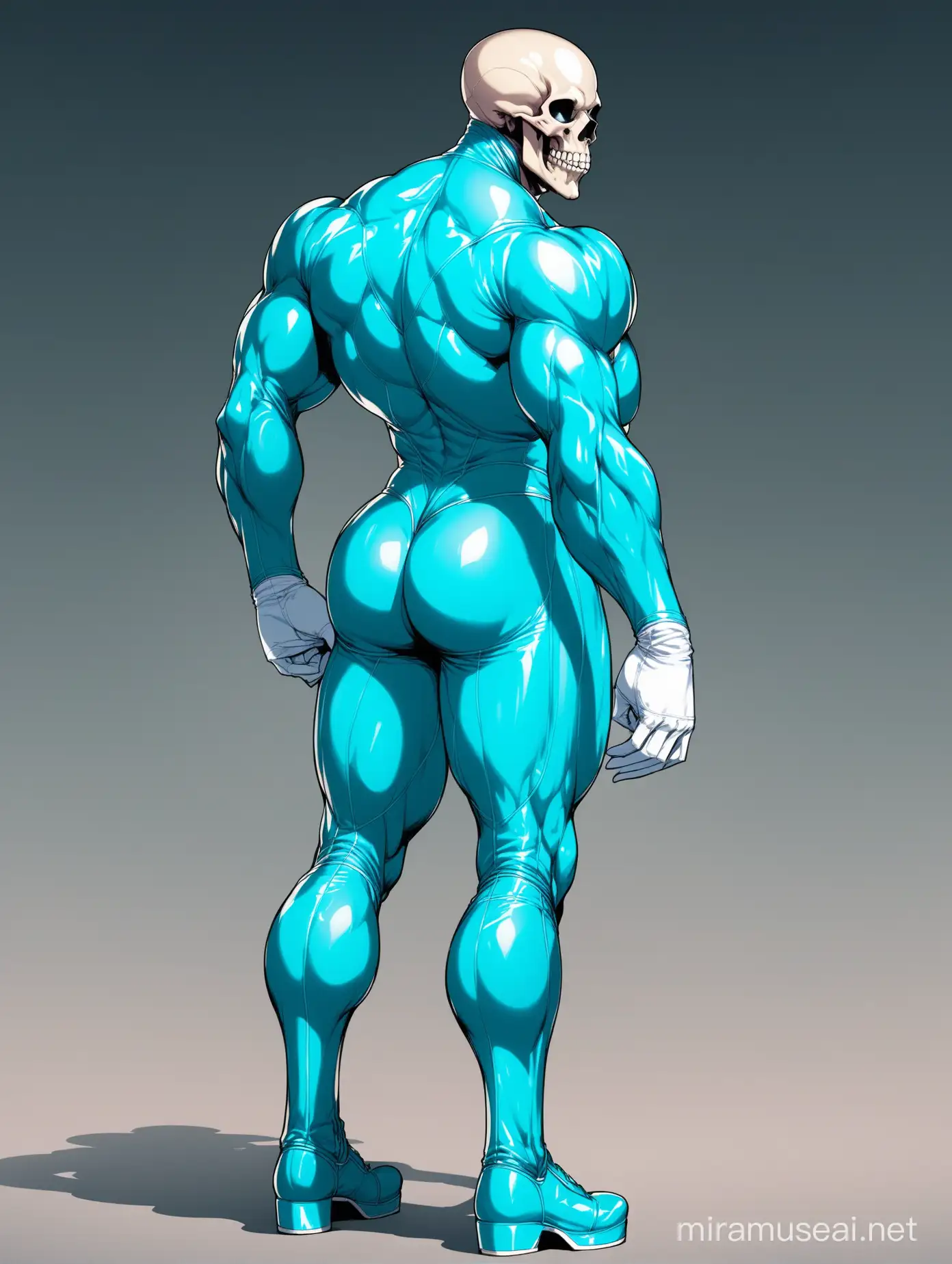 Very tall muscular handsome humanoid character with a white human skull for a head, sad shaped eye sockets, teeth, wide shoulders, wearing a cyan superhero skinsuit, penis bulge, a dark cyan blue scarf, white silk gloves, dark cyan blue boots with platform, flamboyant, pose, showing back, gluteus