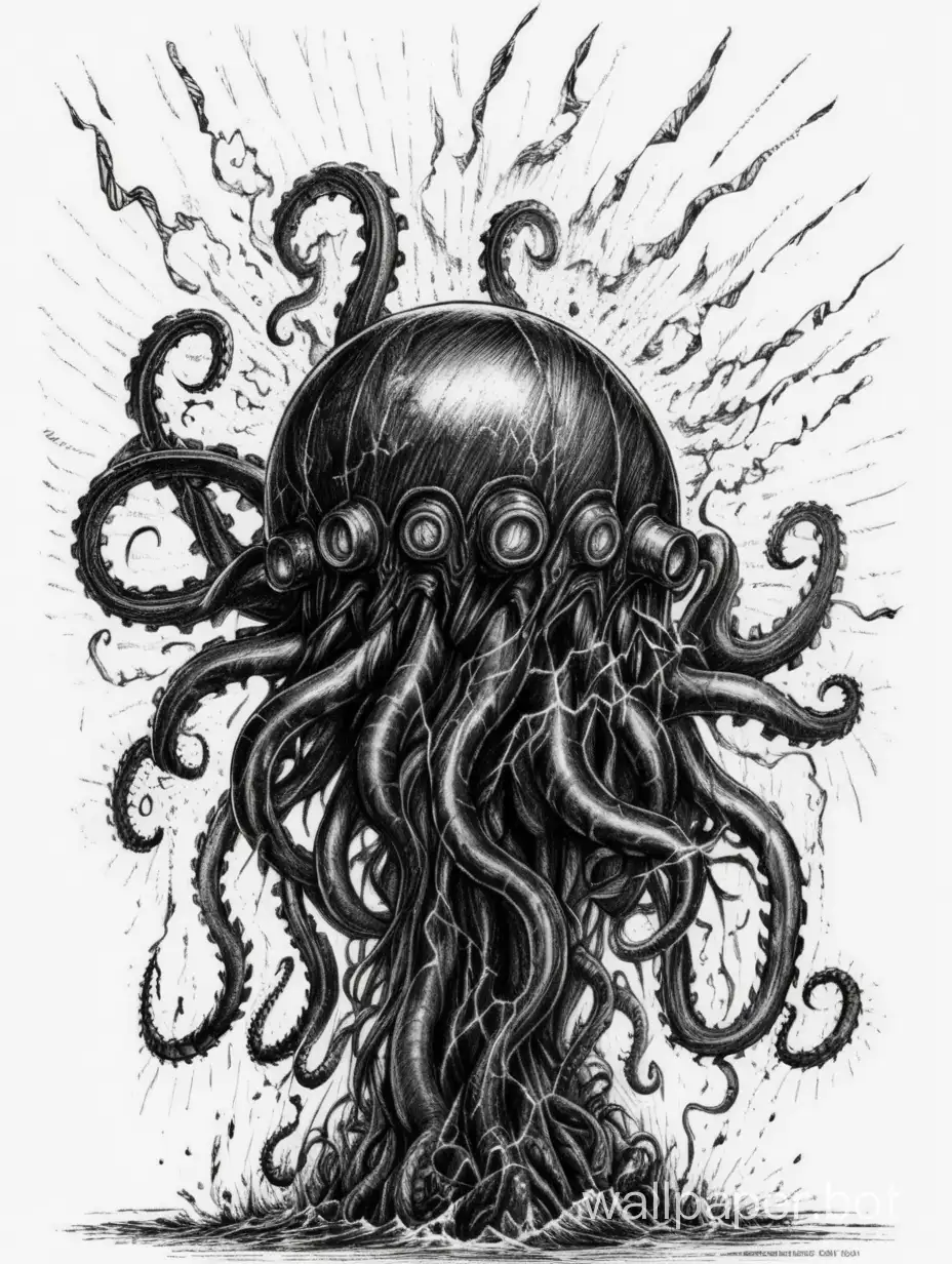 lightning dark tentacles, sketch black drawing, horror, hatch explosive, hatch chaotic, white background