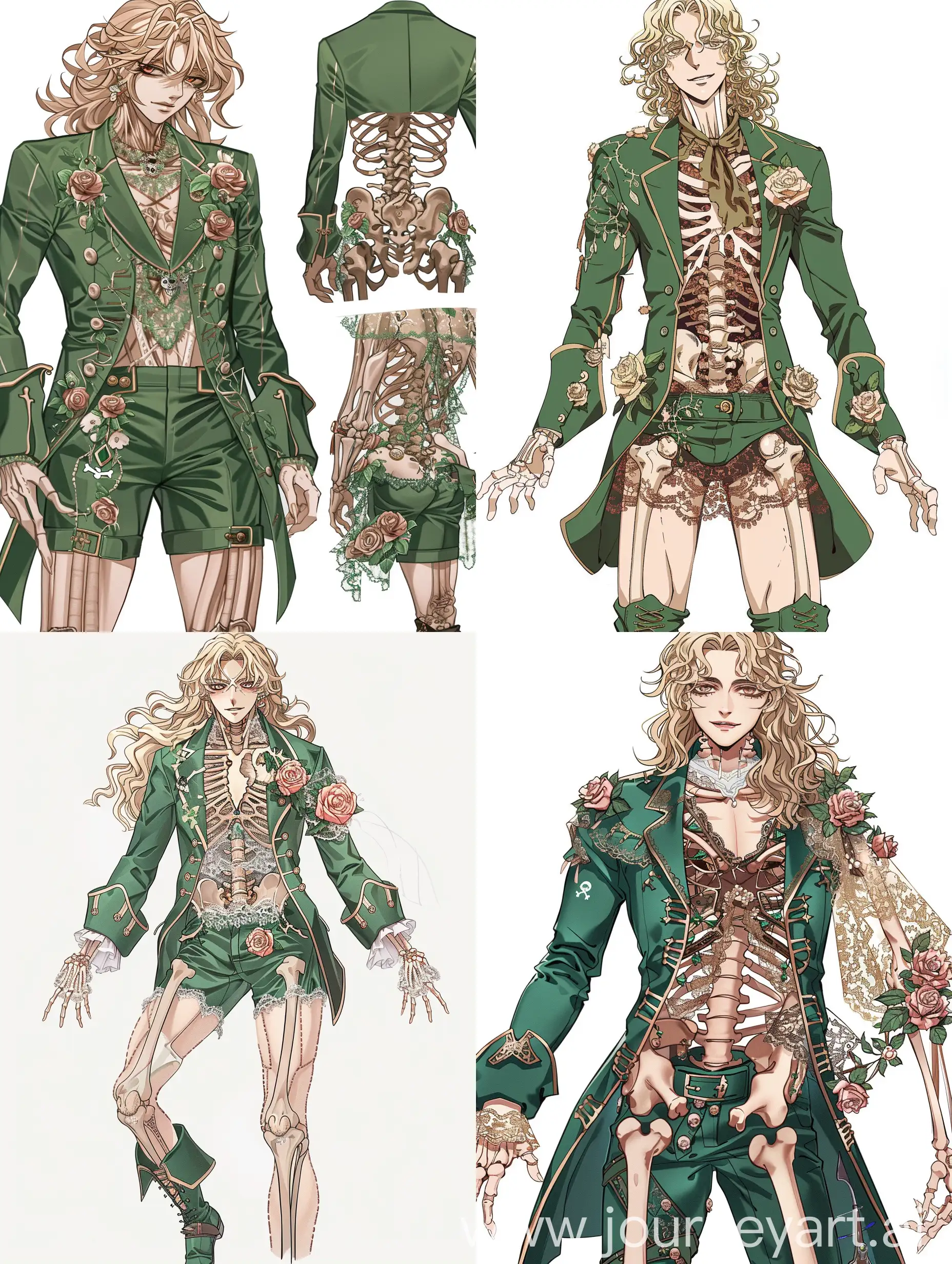 mature man, anime style, broad shoulders, blond wavy hair, one eye white, the other eye brown, pirate green suit, roses on clothes, lace, body made of bones and ribs, knee-length shorts, boots, full growth, multiple views