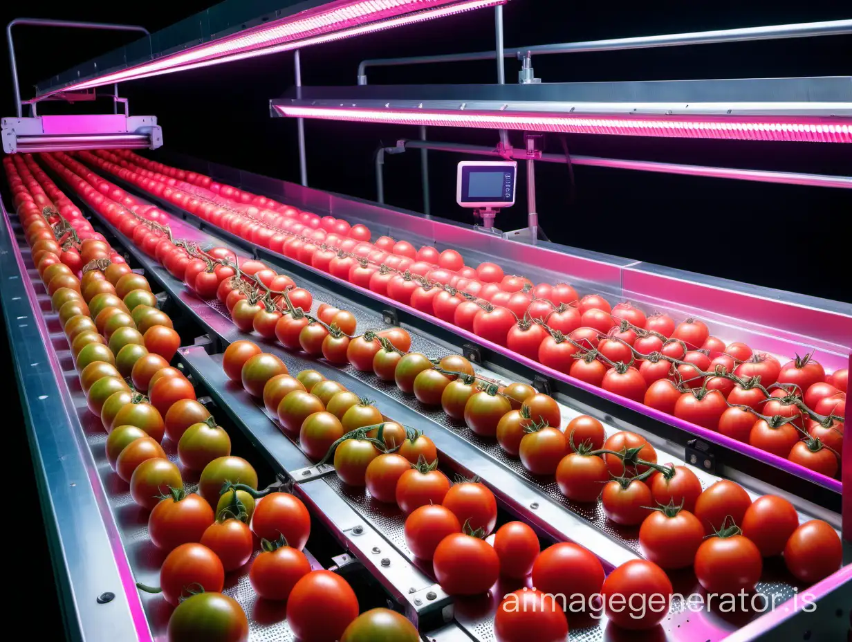 A high tech tomato scanning in a conveyor ,with strong pink grow lights ,the conveyor should me long with tomatoes over it ,the environment should have high tech instruments and process automation systems 
 is high tech