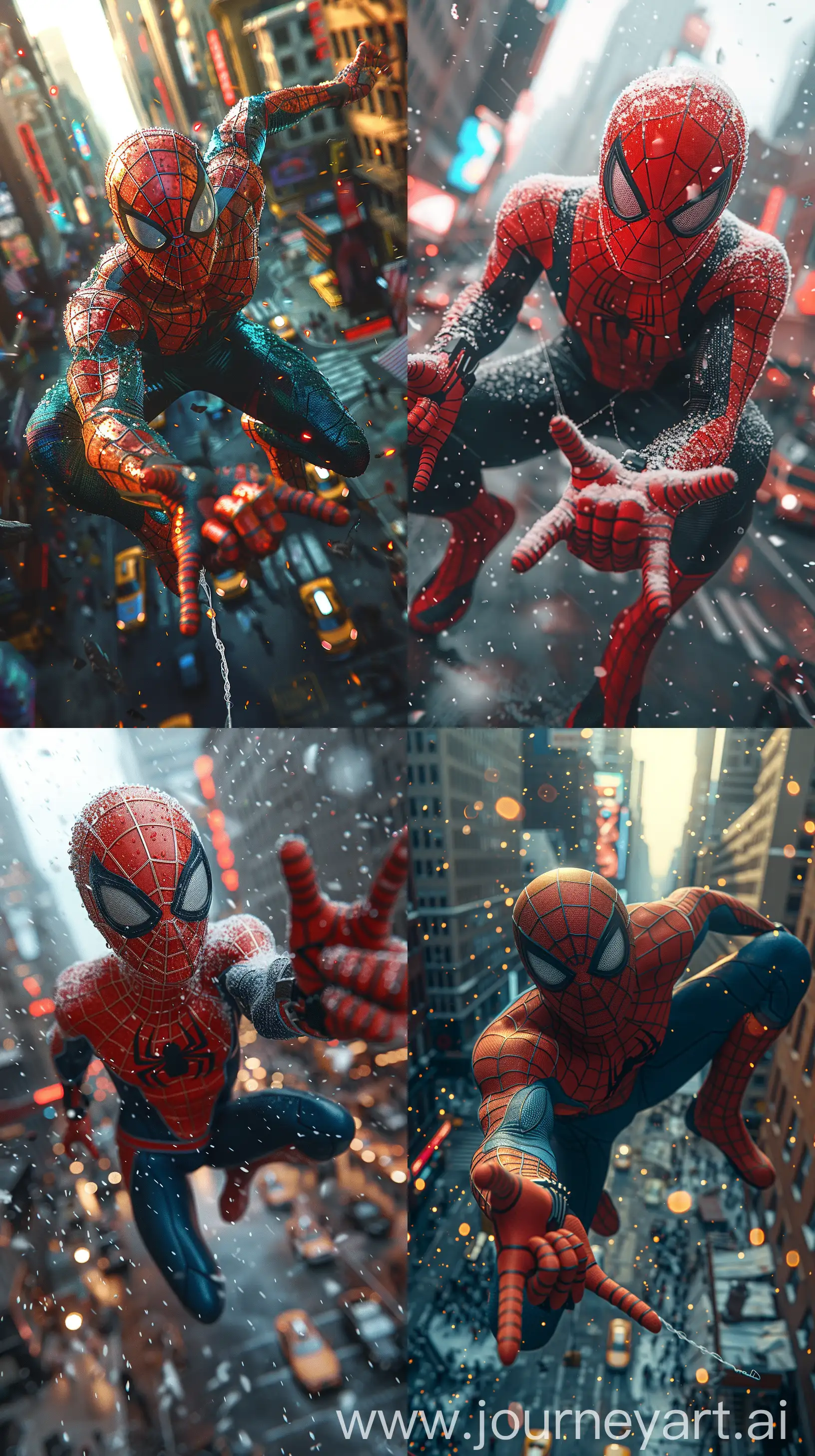  4D effect Spiderman bursting through the screen, Spider-Man: Across the Spider-Verse style, Spiderman 2099 in dynamic action pose, futuristic New York Cityscape background, vibrant colors, cinematic depth of field, high resolution, immersive --ar 9:16 --s 750 --c 20 --v 6