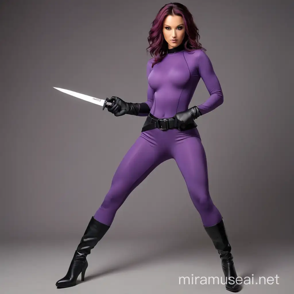 athletic woman, sexy pose, full body spandex very tight purple like a catsuit, black gloves, black boots, black belt, big breast, holding a knife