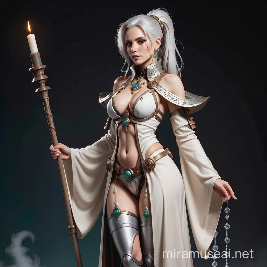 warhammer 40k psyker woman. shoulder silver hair, ponytail with silver hairsticks and decorations in it. widow's peak harline. hourglass figure and skinny. she is wearing a white, beige robe,  with a lot of tubes coming out of it and getting inside. fullbody image.