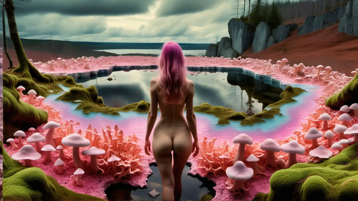 Psychedelic landscape, cloudy, large crystalline minerals, with nude woman center facing away from viewer, Moss, pink chanterelle mushrooms, and water in the distance, euphoric, taken with DSLR camera, realistic lighting