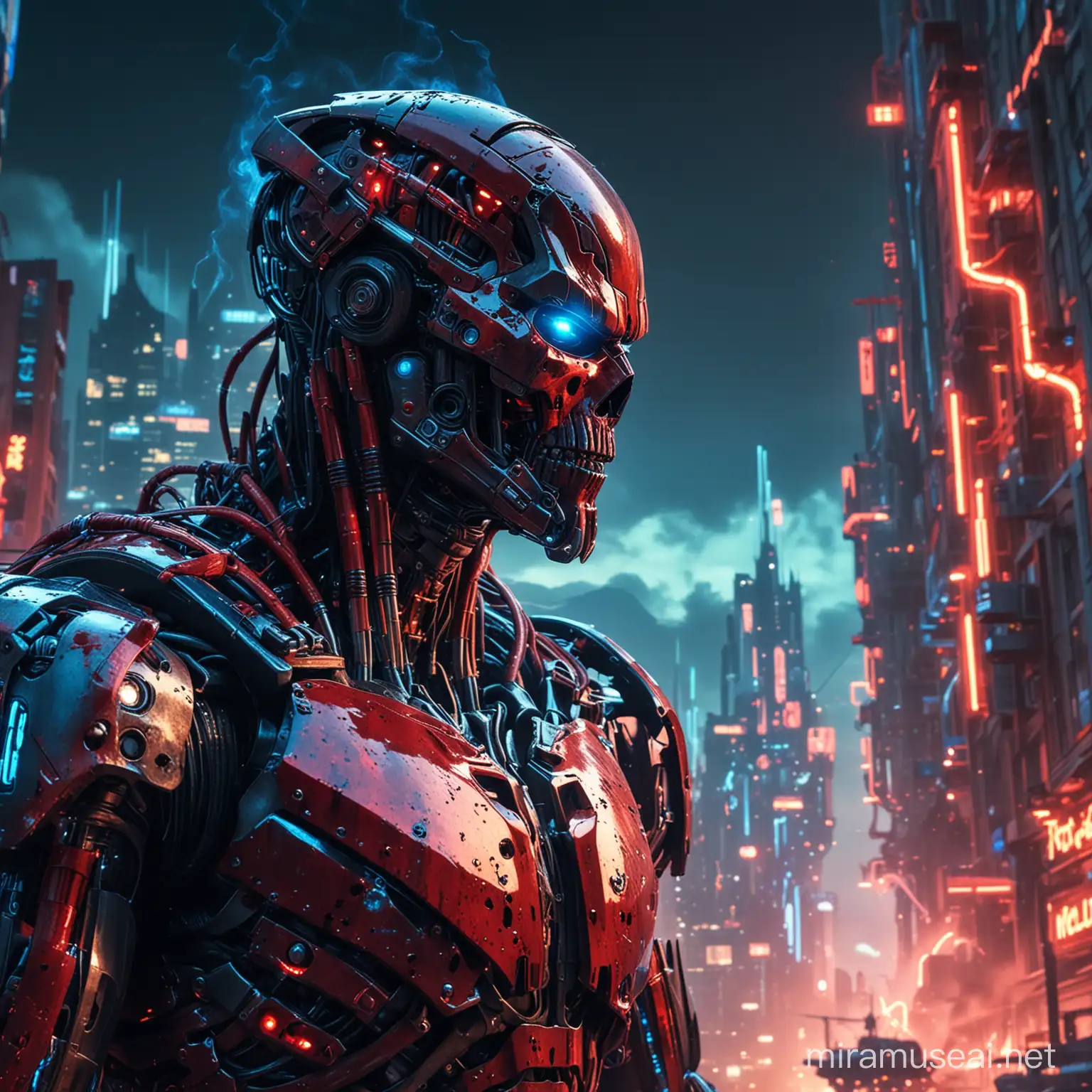 An extreme close up of a menacing, scary, evil Terminator with extremely reflective and shiny, blood red exoskeleton amidst a stunningly beautiful, densely built, neon blue and red colored futuristic, alien city with giant citadels, incandescent lightning, laser blasts, multiple luminescent explosions, smoke plumes and stunning lens flares across a gorgeous starlit night sky.