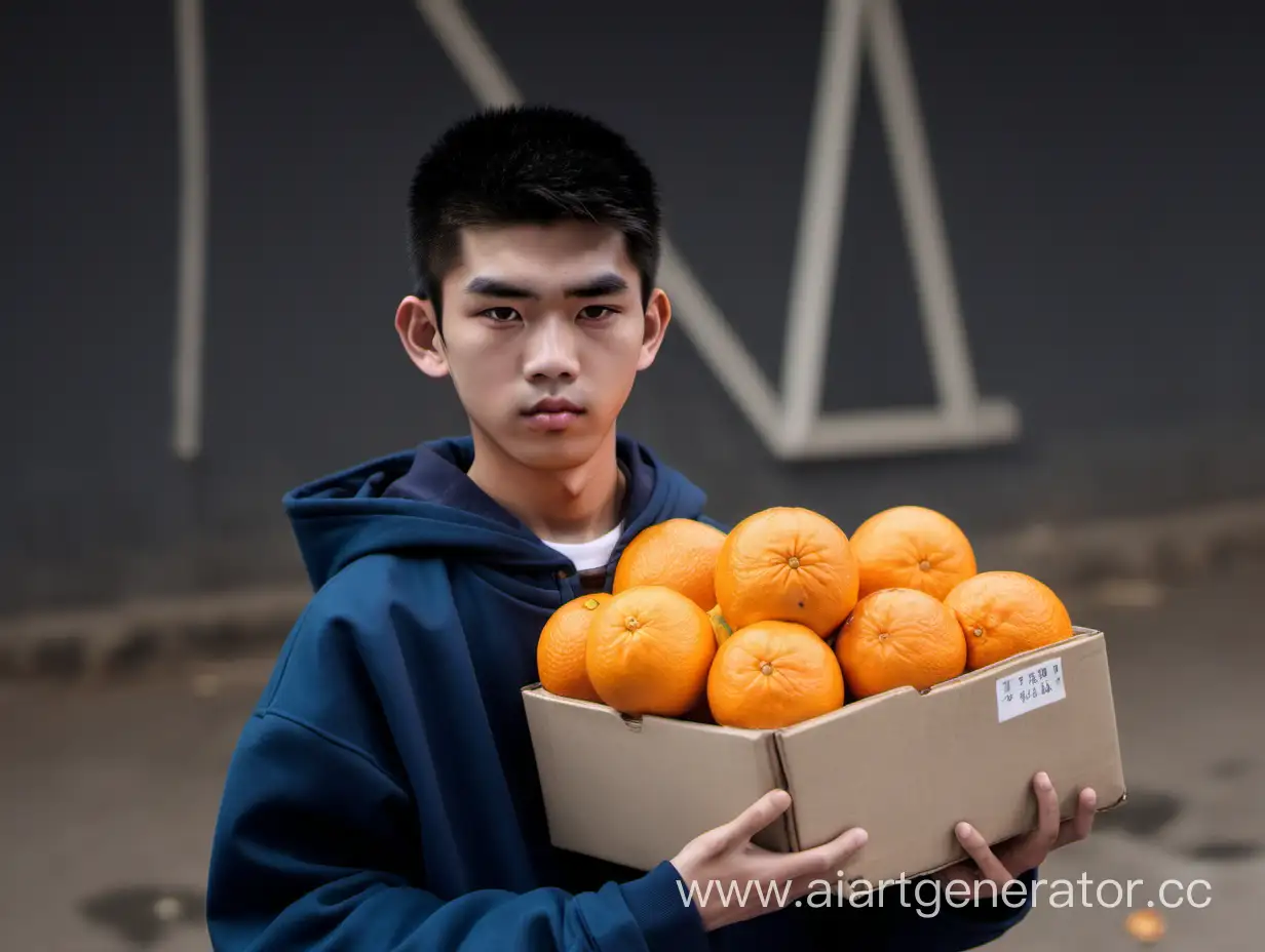 一个眉毛很粗的中国男初中生拿着一堆橘子 四周也有橘子