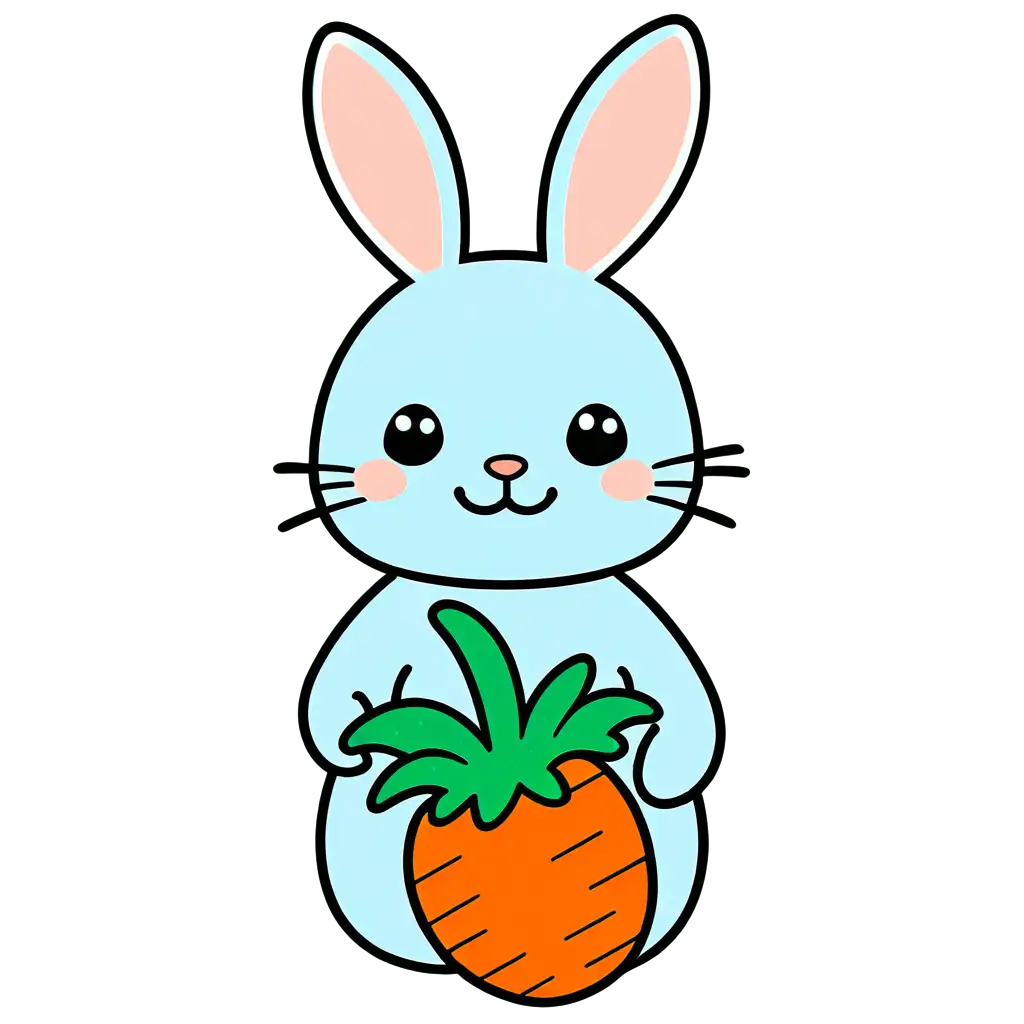 Sticker, Smiling Fluffy Bunny with Carrot, kawaii, contour, vector, white background