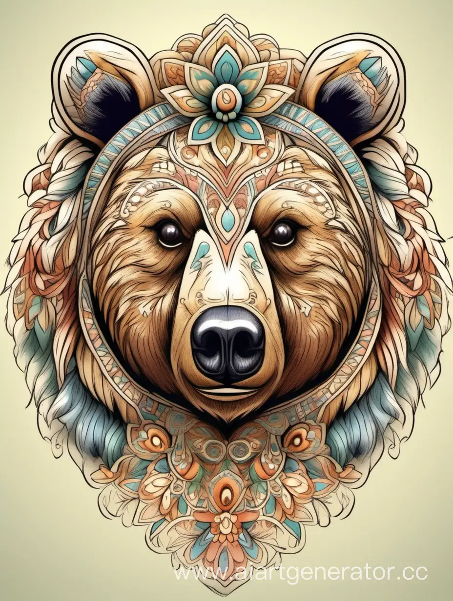 beautiful realistic sketch of bear head, stylized in russian traditional hokhloma, pastel colors, great details, very high quality,