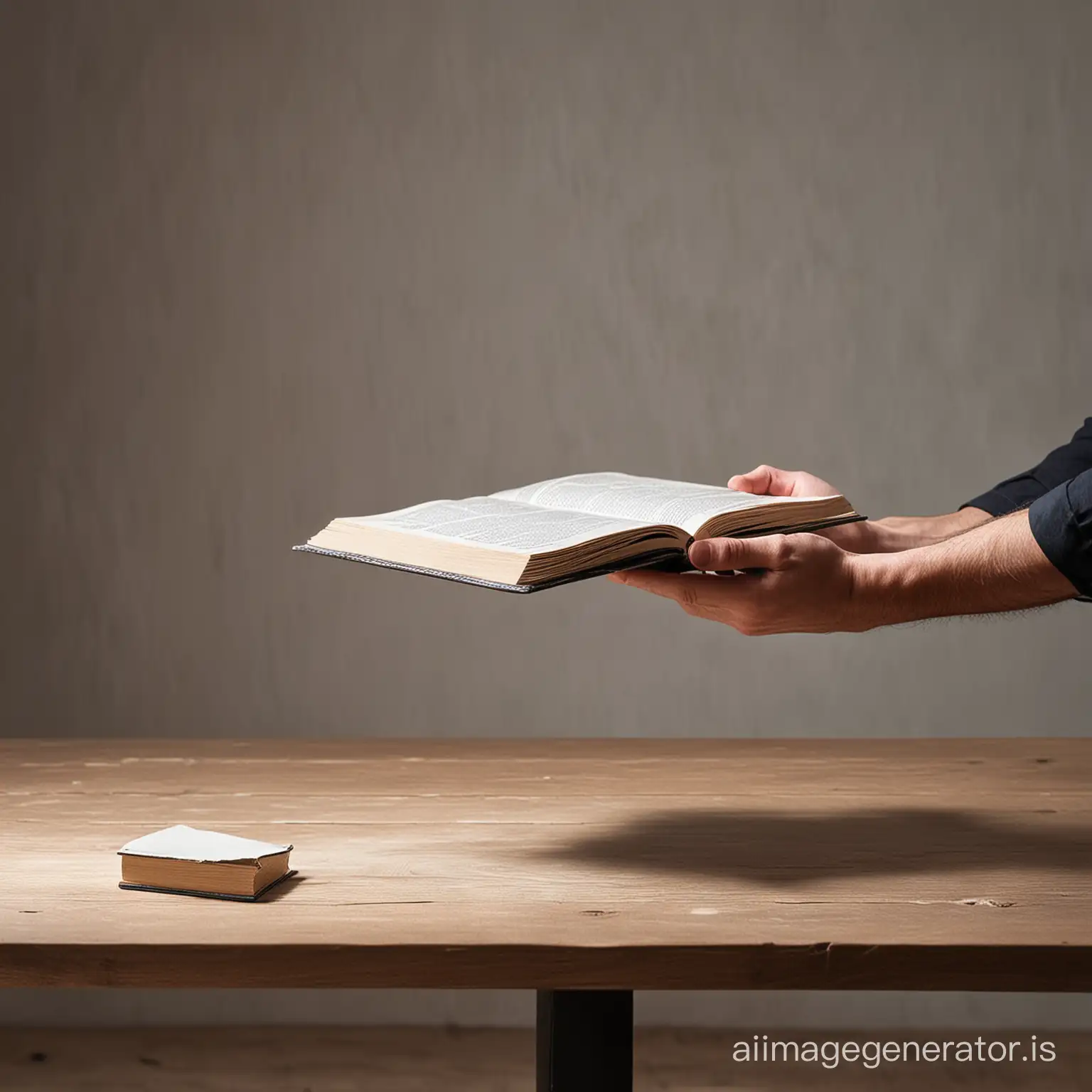 man lifts a book to the tabletop
