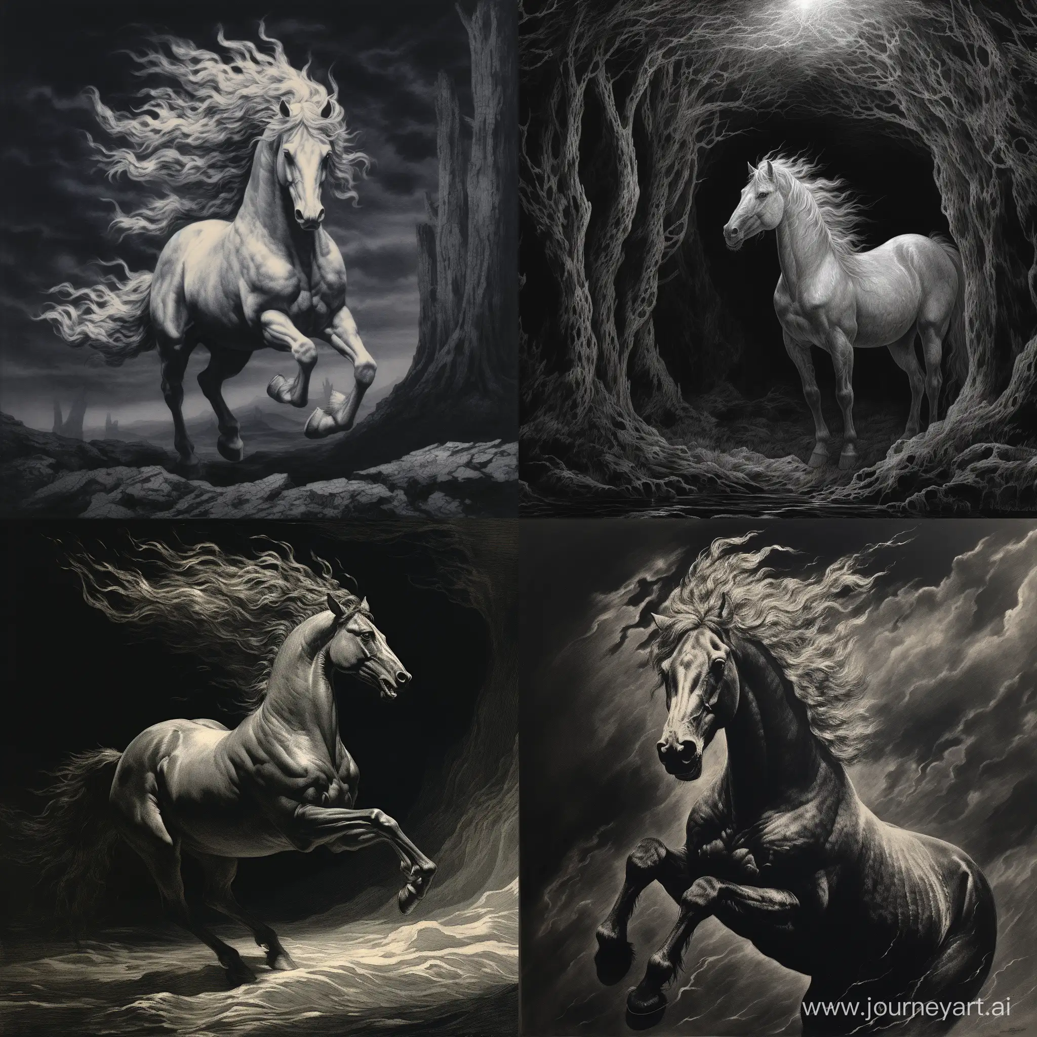 horse engraving black and white gustave dore