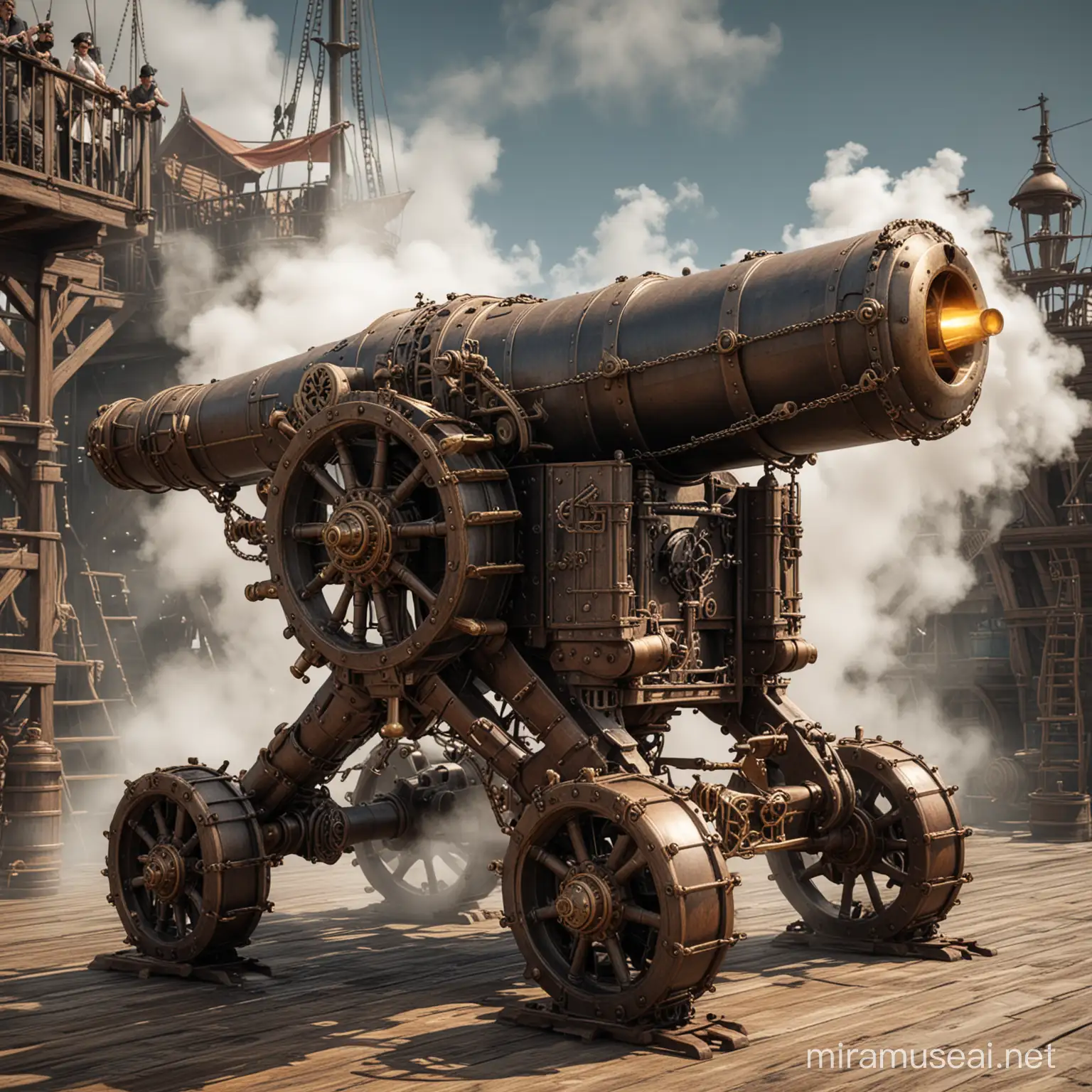 Steampunk Pirate Ship Cannon with Intricate Mechanical Legs
