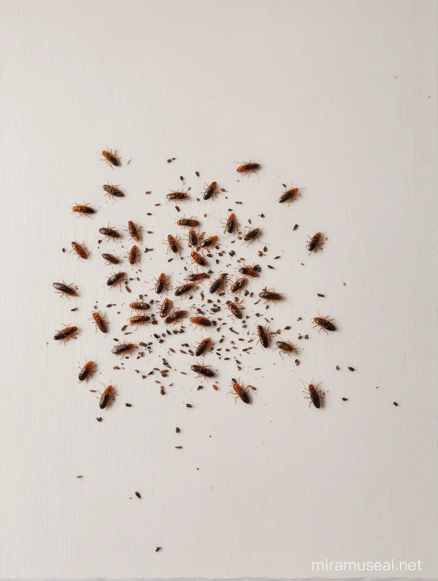 мертвые мухи и таракане валяются на белом столе