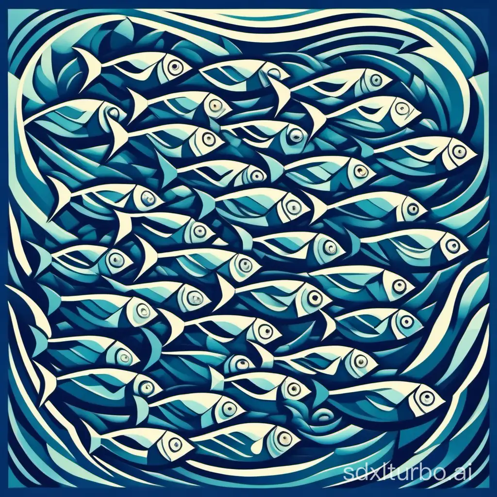 Neocubist-Shoal-of-Fish-in-Layered-Geometry-Blue-Tones-Palette-Art-Deco-Painting
