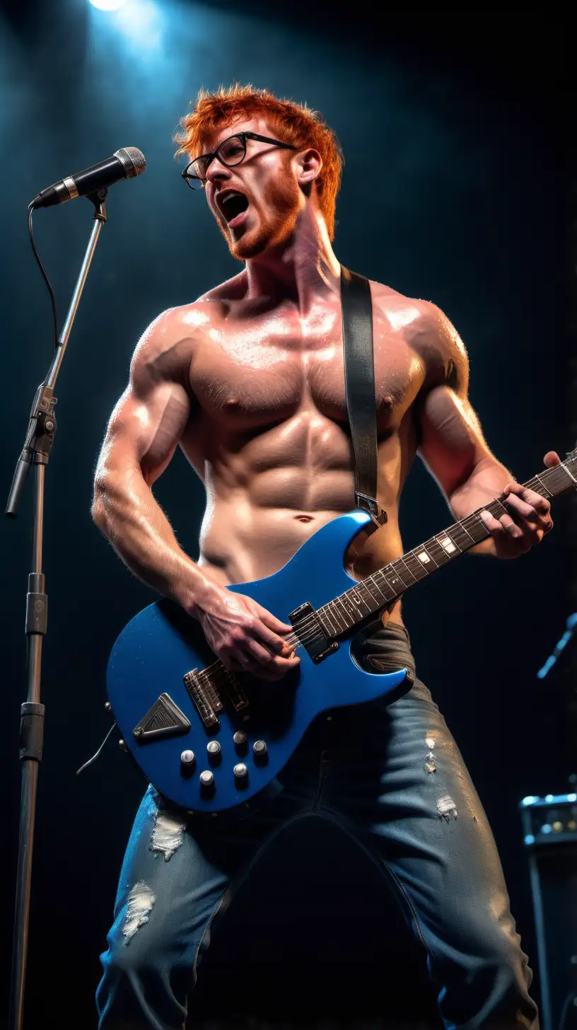 a shirtless redhead male rockstar with stubbles, singing a rock anthem, staring at the viewer. short hair, hairy chest, muscular, tanned, oiled up, very sweaty, blue jeans, spotlight on the glistening muscles. glasses, full body shot, guitar, mic stand, raining on stage