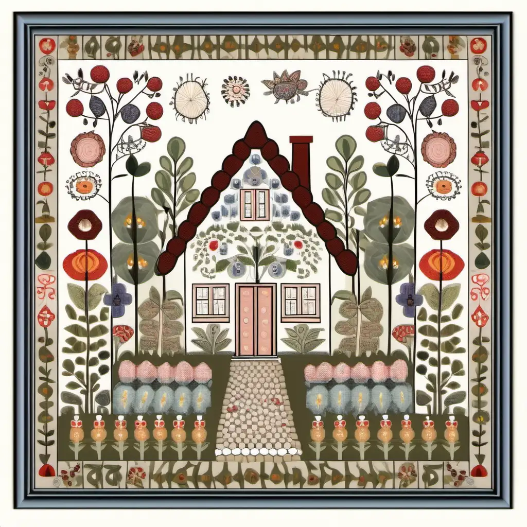 folk art of a cottage
 in a garden, symmetrical,  painting, light colors, muted, 2-D, outline drawing, embroidery sampler style, PRINTED Norwegian Folk Art, Scandinavian Folk Art,