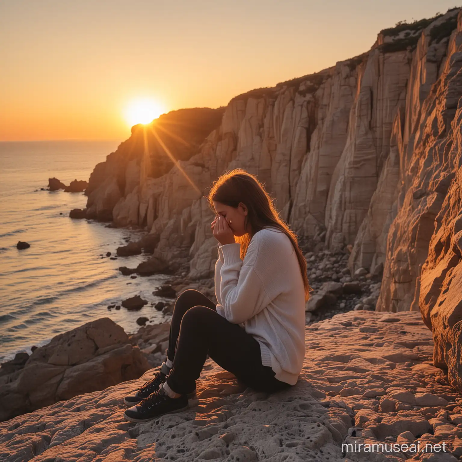 Solitary Girl Crying at Sunset on Cliff Edge