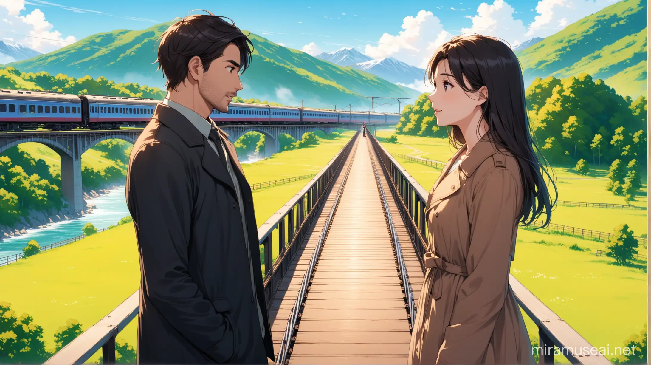 A man and a woman are standing on a bridge and talking face to face. The background is a moving train with beautiful scenery