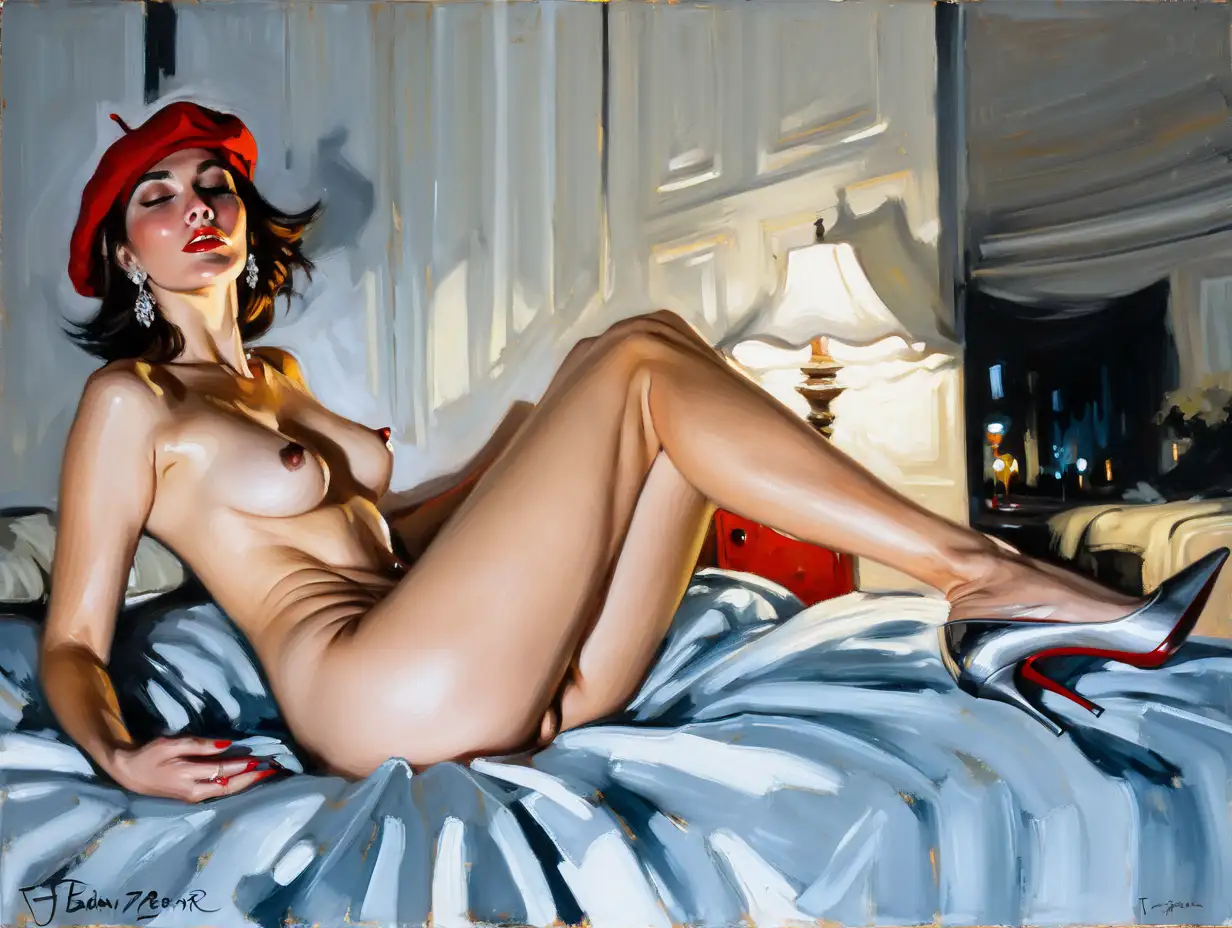(naked) woman , red beret , on bed , high heels , (night scene:1.3) , painting style expressionism , jagged lines , painting by (Fabian Perez) , side view