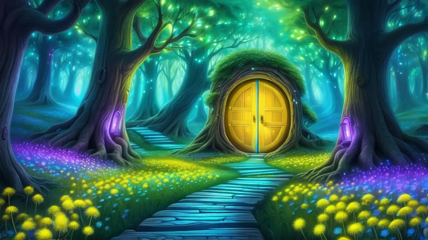 magical forest with glowing bright doorways embedded inside the trees blue and green pathways glowing out of the doorways of the tress with yellow and purple glowing dandelions