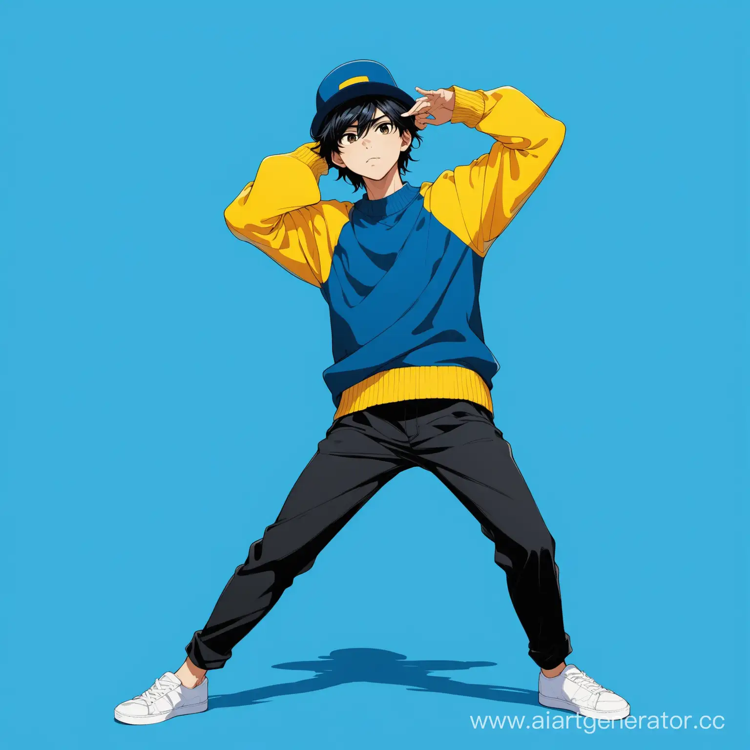 Confident-Young-Man-in-Blue-Sweater-and-Hat-against-Blue-Background