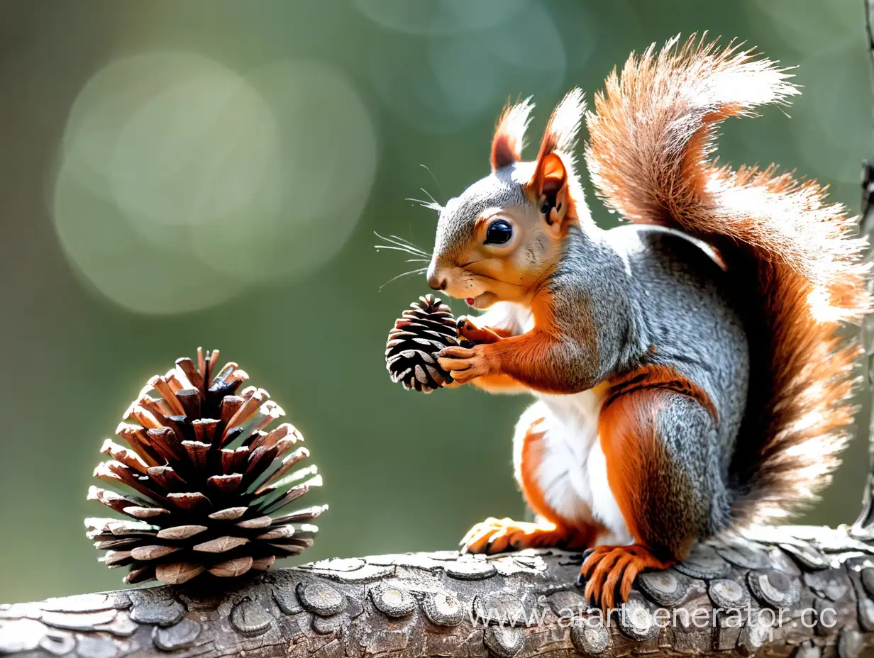 Squirrel-Perched-on-Branch-with-Pine-Cone