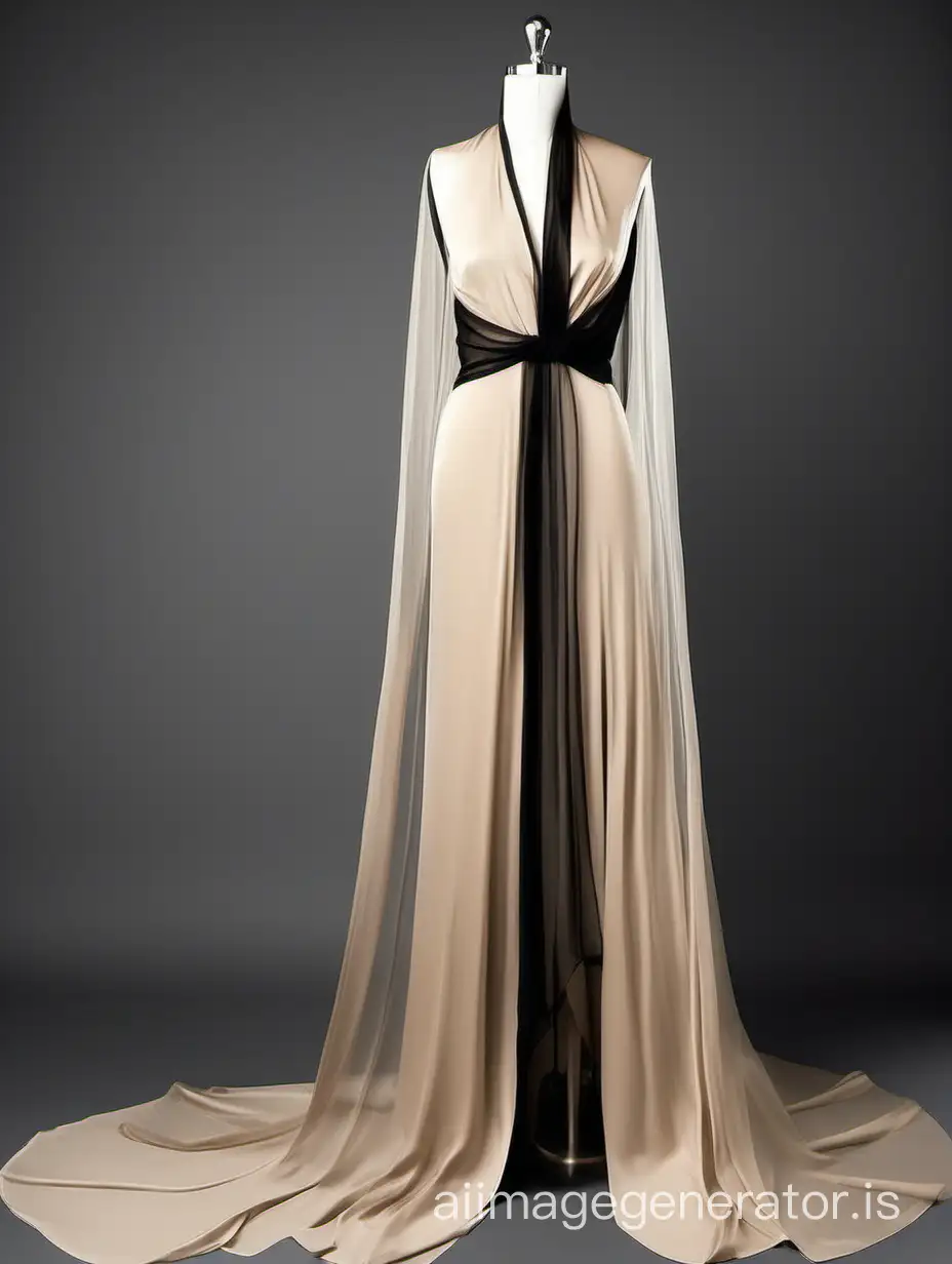elegant long beige silky dress combined with a transparent draped black veil.high-quality, detailed, elegant, ethereal, black and beige tones,RAW
