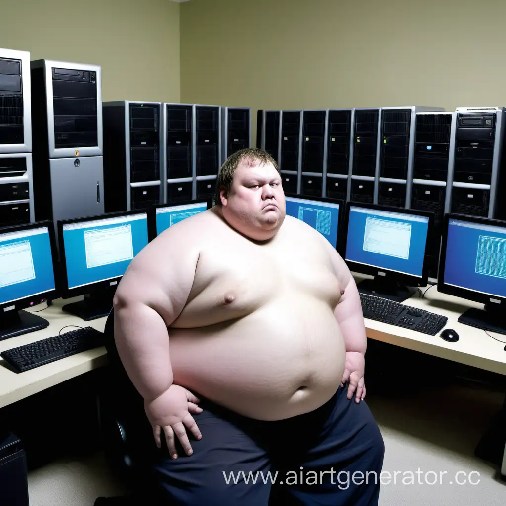 очень жирный человек находящийся в комнате, полной компьютеров