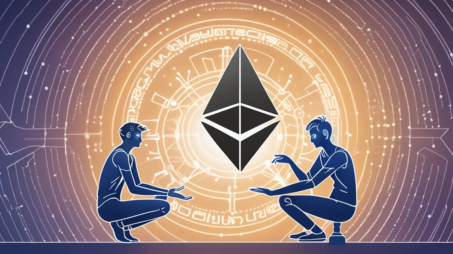 illustrate ethereum smart contract using etherum logo and two human

