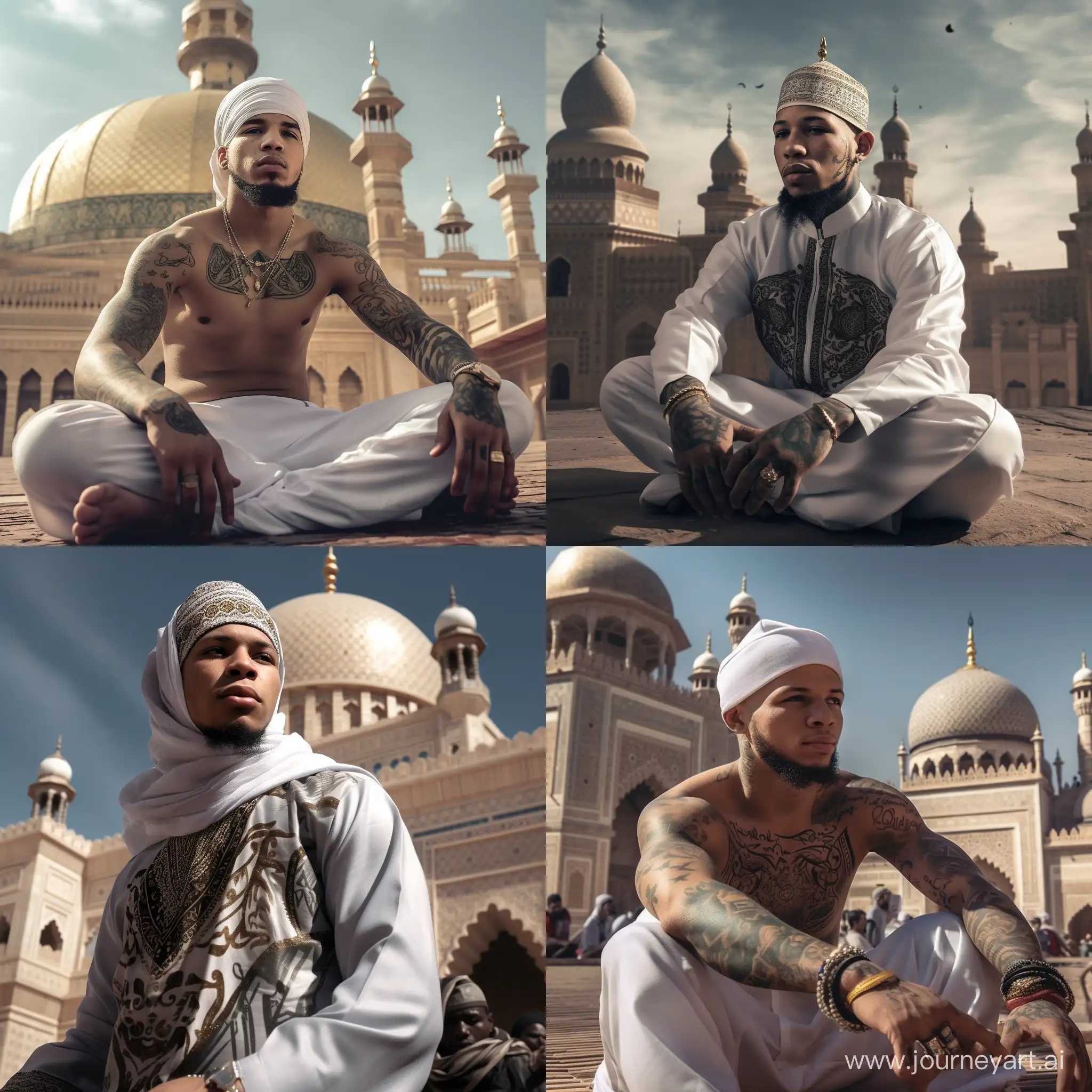 Gervonta Davis is a Muslim, wearing an isar and a turban on his head.  Al Haram Mosque in the background, full body , ultra realistic, 8k