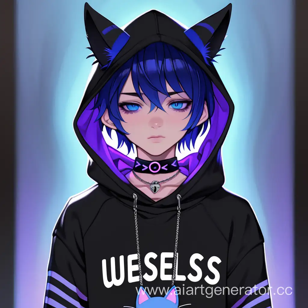 A boy with short blue hair, wearing a black sweatshirt in a black hood with black cat ears. The sleeves are in purple stripes and in the middle of the sweatshirt there is a purple inscription "useless". Glowing blue eyes, light pink skin tone. Wears a black choker with a chain and a lock in the middle 