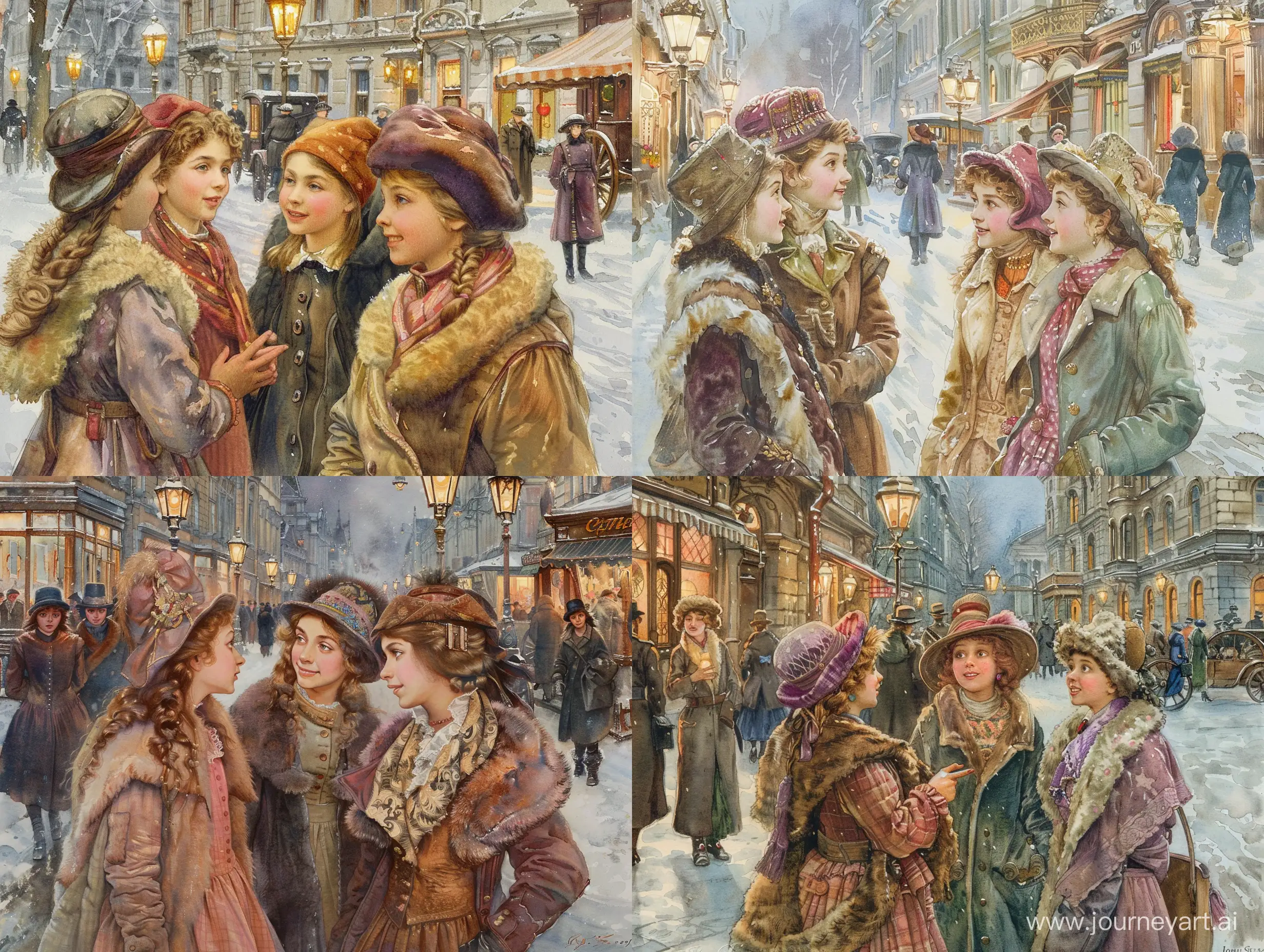 Группа молодых модных девушек жительниц Петербурга гуляют по зимней улице города. На улице Санкт-Петербурга с фонарями, прохожими, магазинами, каретами и извозчиками. Девушки общаются друг с другом и им весело. При общении они смотрят друг другу в глаза. Девушки одеты тепло и красиво по моде 1910 года. На них тёплые шапочки и шубки с мехом или пальто, всё сочетается по цвету и стилю. Акварель в стиле и цвете John Everett Millais. Действие происходит на улице Санкт-Петербурга зима 1910 года.