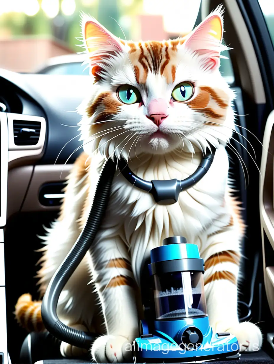 Cat with a vacuum cleaner in the car