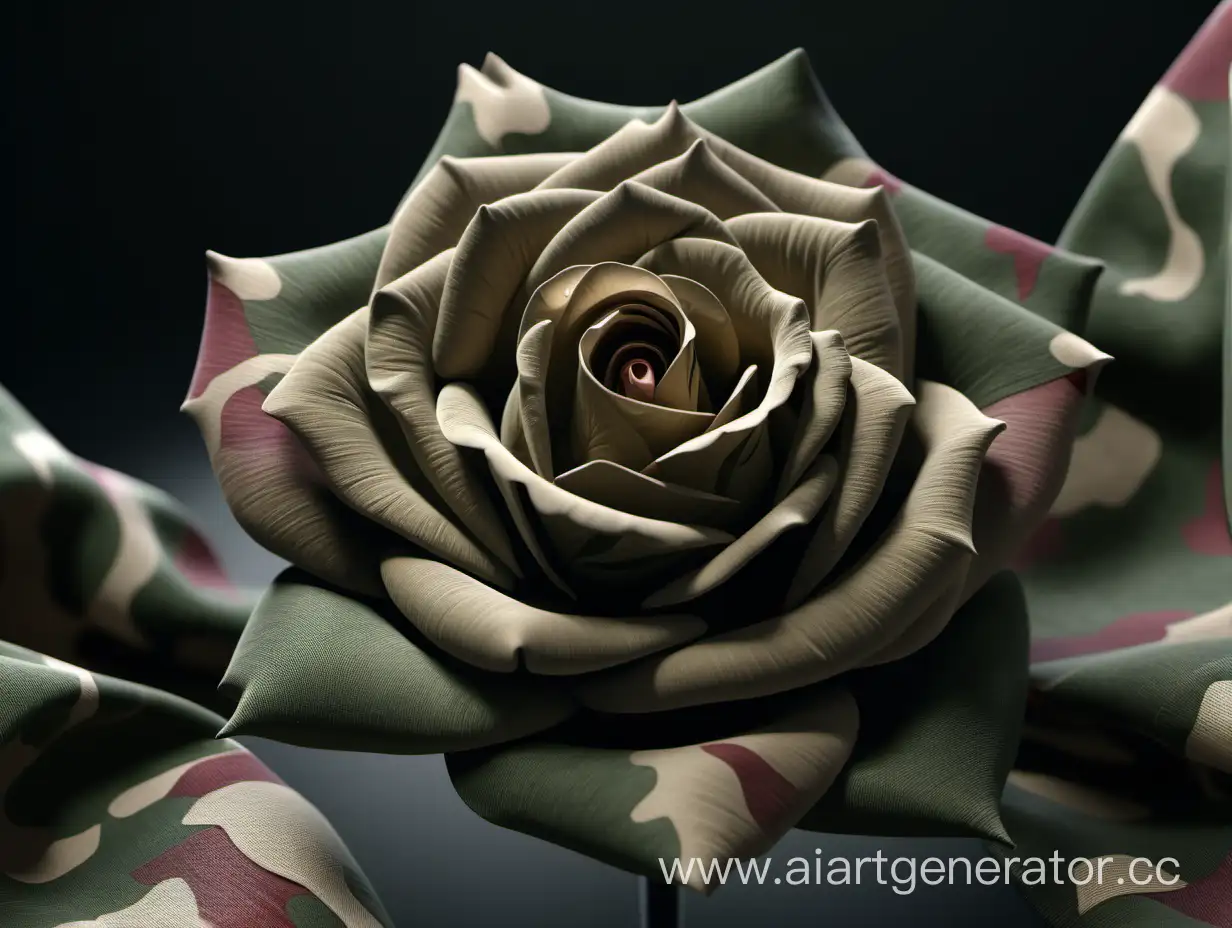 одна роза в стиле милитари, все лепестки  у розы из камуфляжной ткани, высокая детализация, фотореализм, 4к