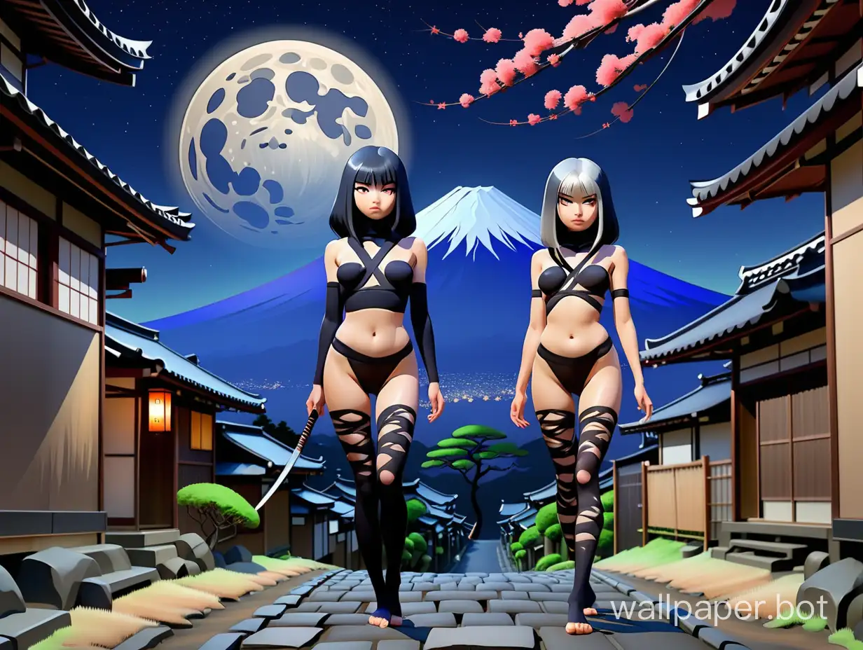 на заднем плане гора Фудзияма ночное небо с полной луной на переднем плане девушка ниндзя в бодистокинг в полный рост идёт по улочке старинной японской деревни импрессионизм  