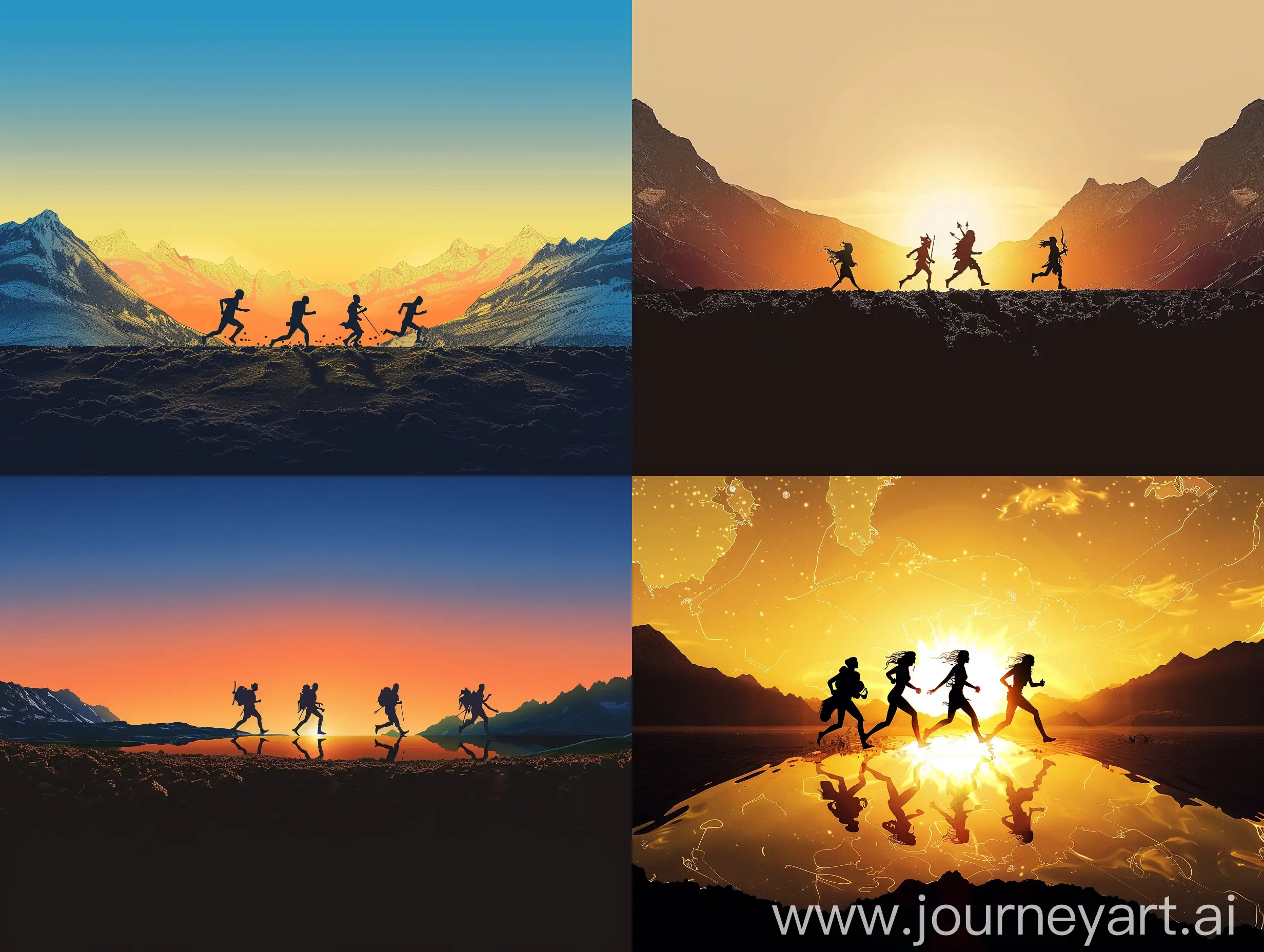 clear sunset, mountains left and right, silhouettes of fantasy travelers in the center running to right, front view, beneath image black earth, side view