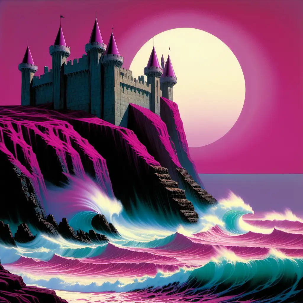 Fantasy castle fortress on cliff with ocean waves below magenta colours painted by Ralph McQuarrie