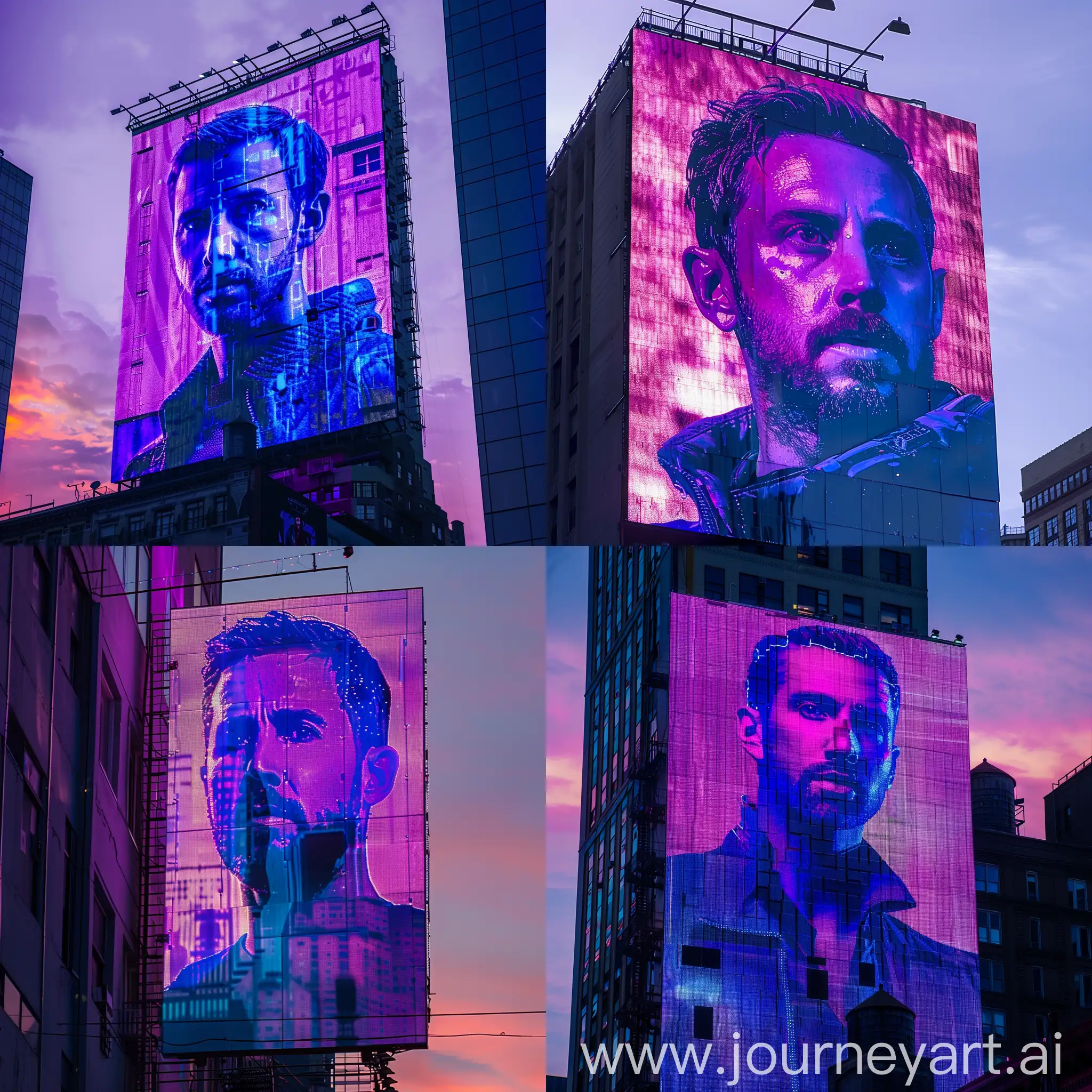 a purple blue holographic digital ryan gosling on the billboard building, sunset time, style raw, futuristic, close up, city, year 2049, new york city, natural lighting