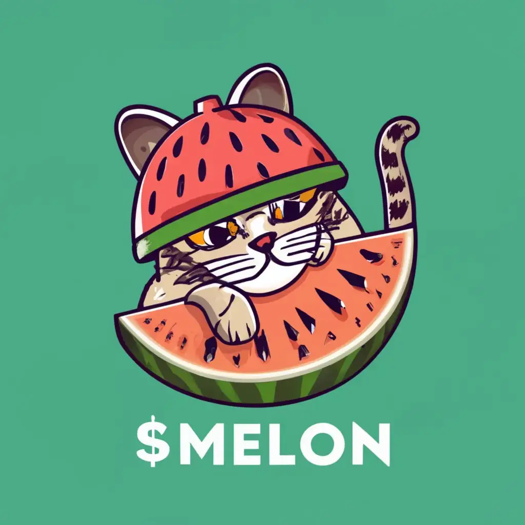 logo, Cat using a WaterMelon like helmet, with the text "$MELON", typography, be used in Entertainment industry
