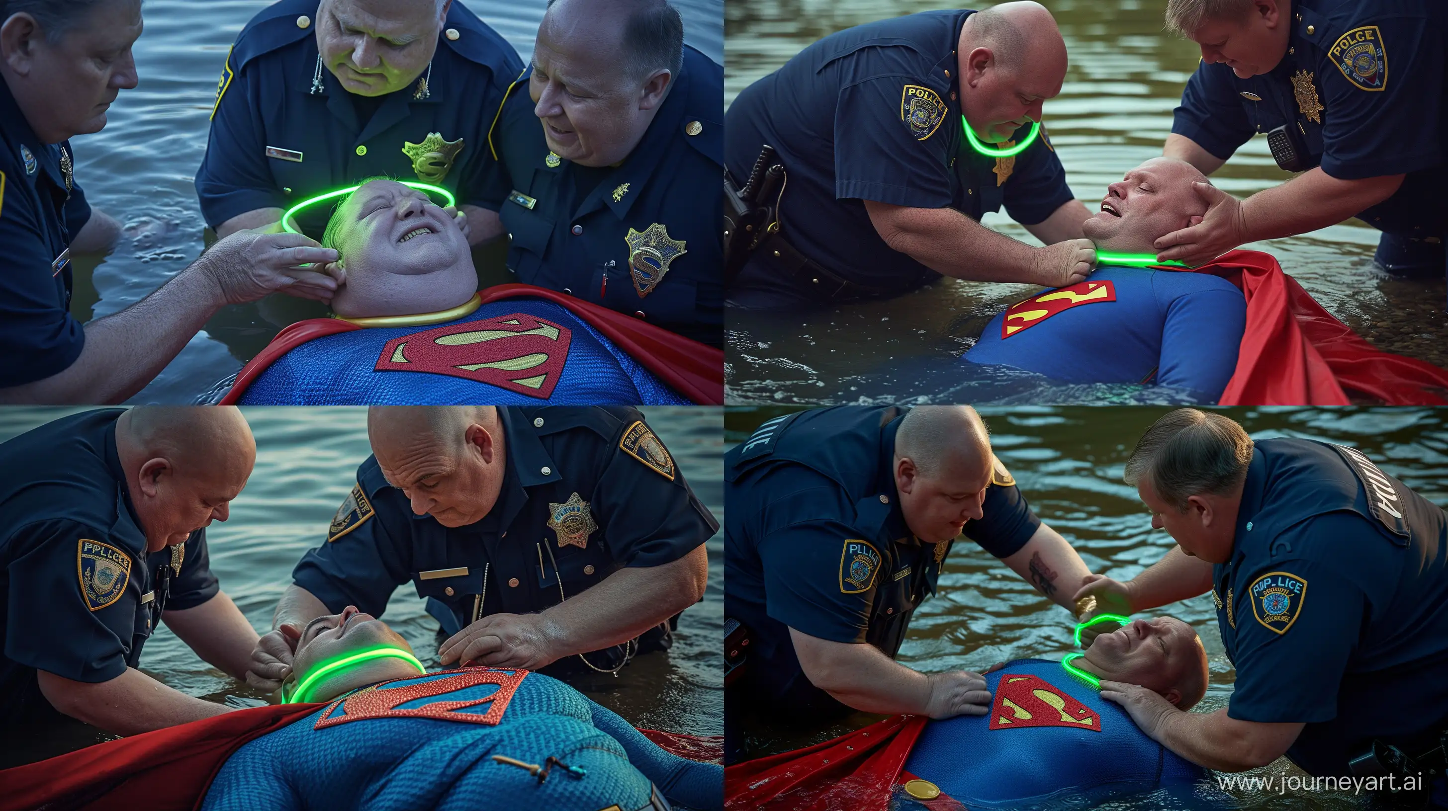 Close-up photo of two fat man aged 60 wearing navy police uniforms. Bending and putting a tight green glowing neon dog collar on the nape of a fat man aged 60 wearing a tight blue 1978 superman costume with a red cape lying in the water. Natural Light. River. --style raw --ar 16:9