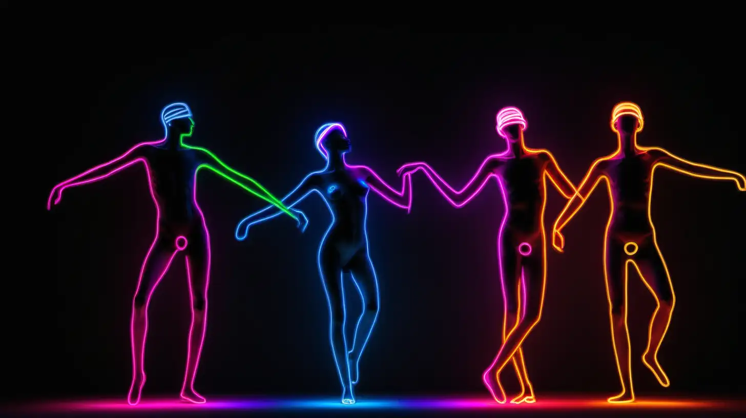 4 people made of colorful neon stick dancing. Man Body type