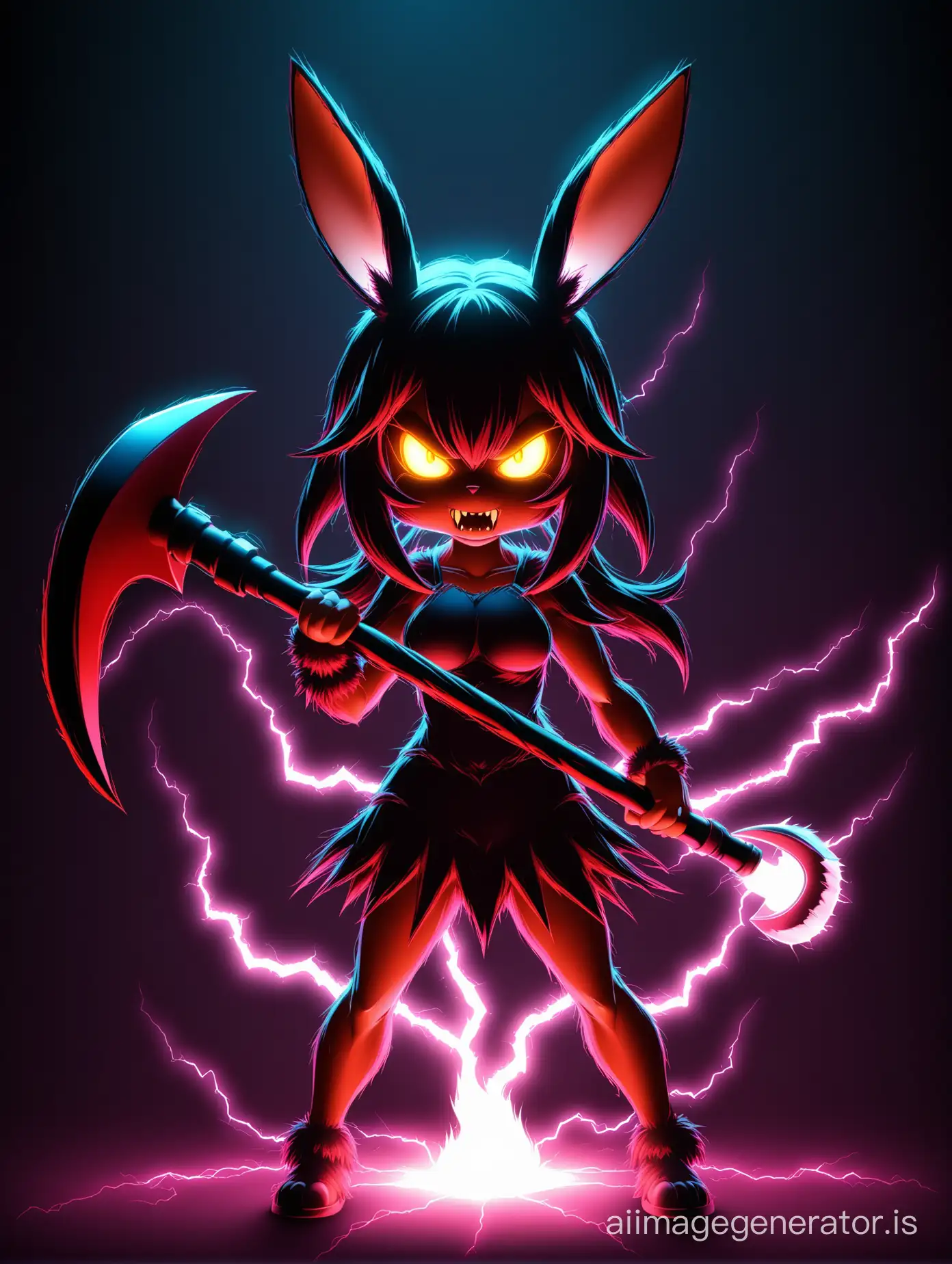 Furious demonic rabbit girl, with big ears, dark colors, an axe in her paw, a tail, glowing eyes, 3D, drawing, HD, proportionality, vector, illustration, fantasy, anime. Glowing dark background, bright flashes, lightning.