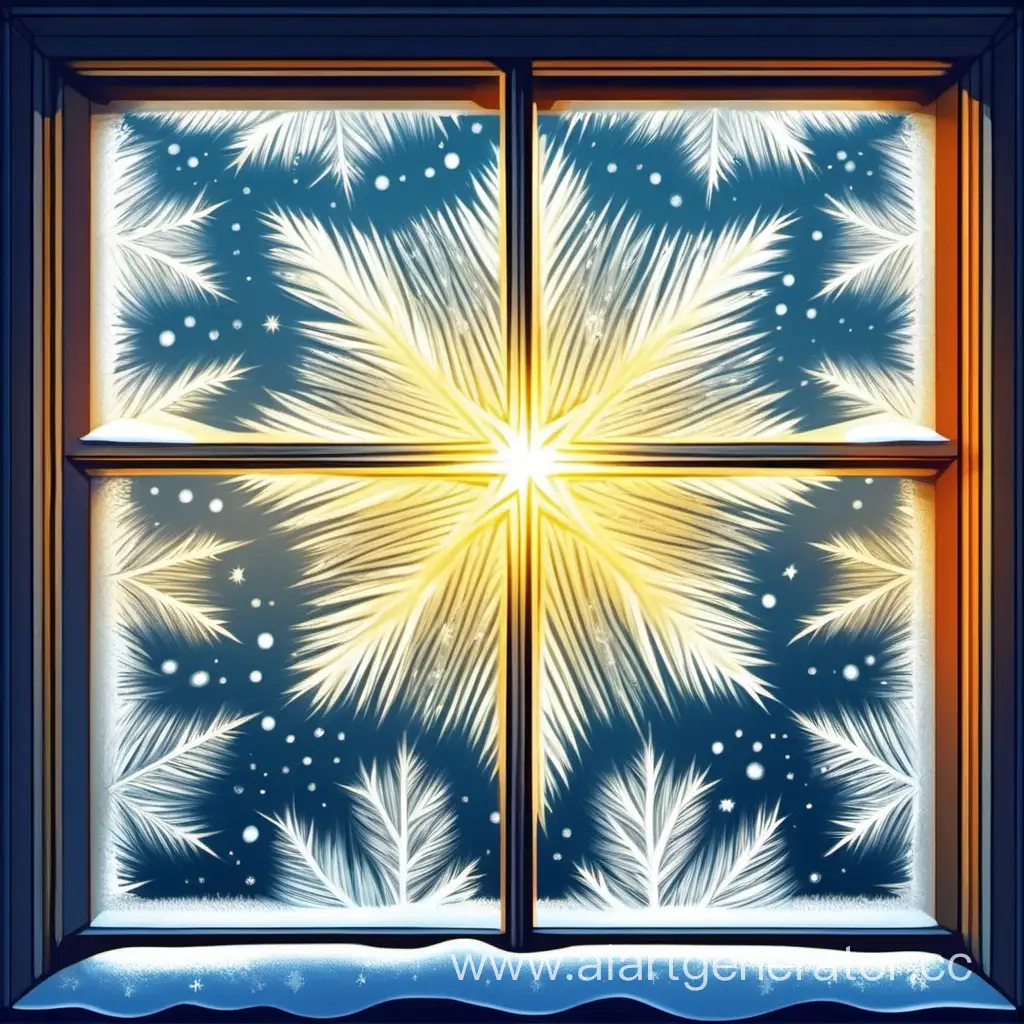 Морозные узоры на окне, сквозь окно видно небо, в центре светит яркая звезда