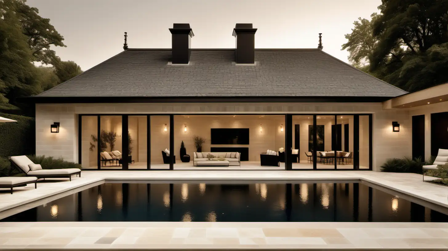 a classic contemporary large home Minimalist pool house; beige walls; black accents; limestone; blonde oak; brass lighting; sprawling gardens
