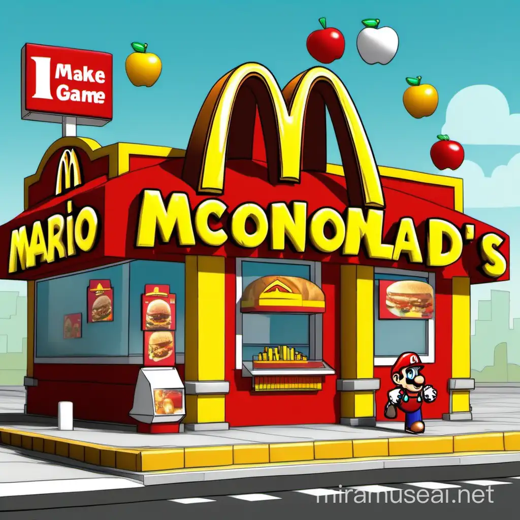 Make me a game mario-level design interface but in the style of McDonalds:
Background: A colorful backdrop reminiscent of McDonald's branding, featuring elements like the golden arches, red and yellow color scheme, and cheerful atmosphere.
Platforms: Design platforms resembling McDonald's food items such as Big Macs, french fries, and apple pies. Ensure they are visually appealing and fit within the McDonald's theme.
Enemies: Integrate McDonald's mascots or characters as enemies that Mario must overcome. This could include Ronald McDonald, the Hamburglar, or anthropomorphic food items like talking hamburgers or fries.
Power-ups: Replace traditional Mario power-ups with McDonald's themed items. 
Obstacles: Incorporate obstacles inspired by McDonald's restaurants
Level Completion: Mario should reach the end of the level by navigating through McDonald's themed challenges and obstacles, ultimately reaching a goal pole or a giant Happy Meal box.