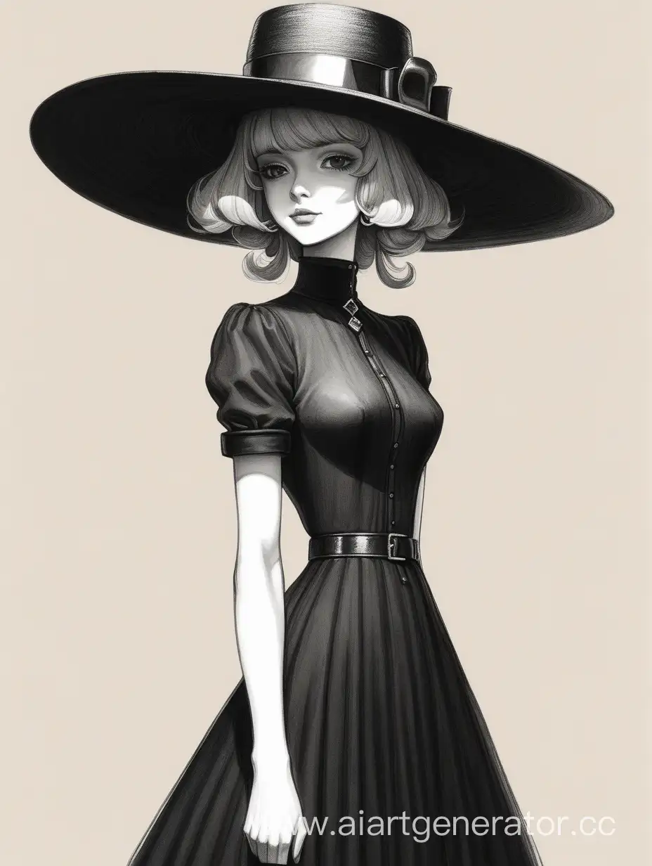2D рисунок, высокая дама в черном платье, на голове широкополая шляпа