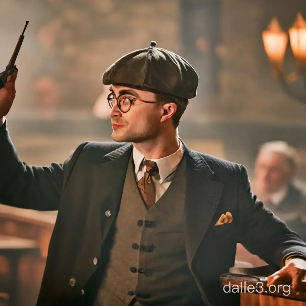 Daniel Radcliffe as a Harry Potter wearing a peaky blinder cap on his head and wearing a circular glasses as a Dr. Holford, wearing a peaky blinder cap on his head from the TV series Peaky Blinders, standing in profile, pointing a gun to the side, cigarette in mouth, wearing a black coat and Peaky Blinder in a pub 